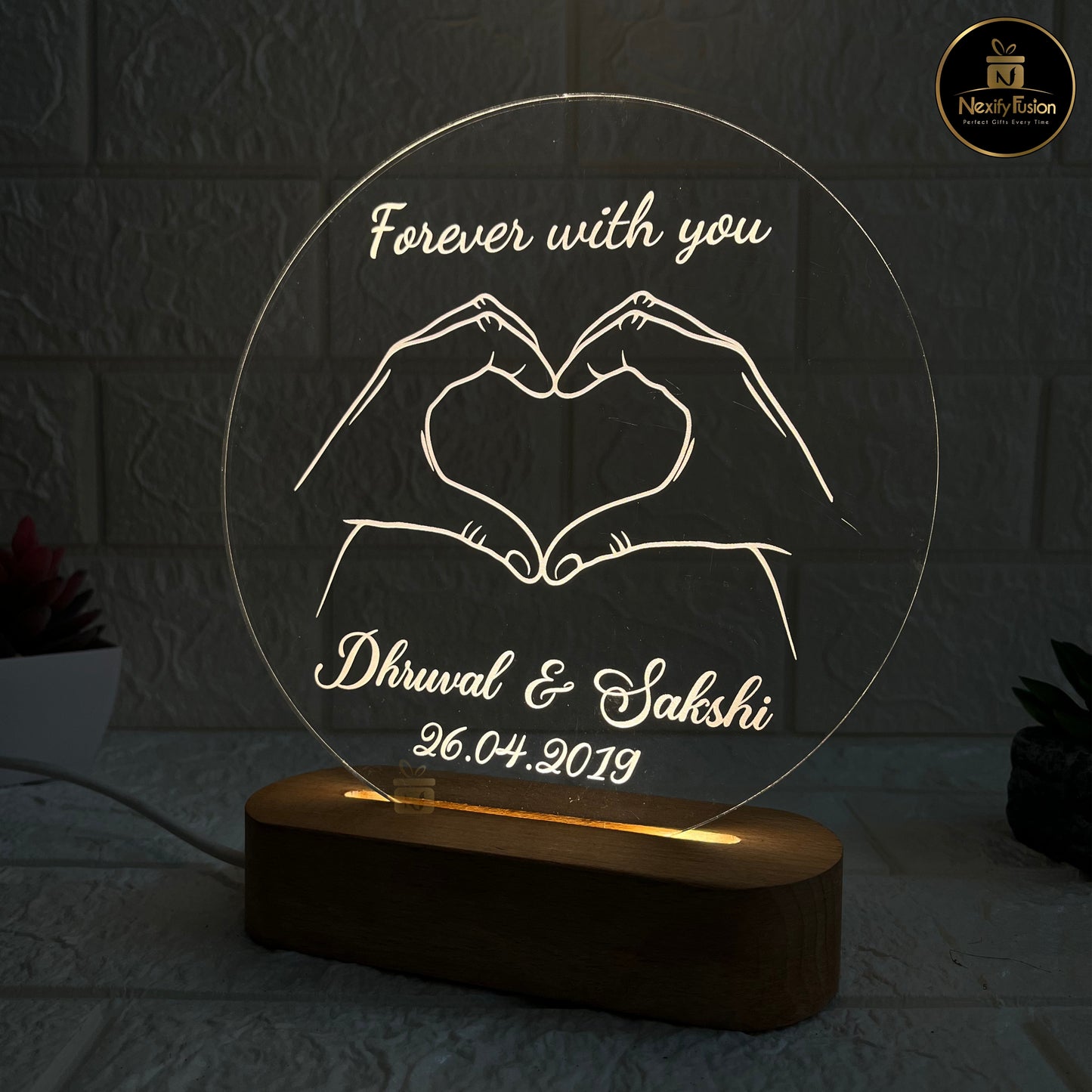 Personalised 3d illusion Round Forever Hand Design Night Lamp with Couple Names & Date/Text | Unique Gift for Couples, Wedding, Anniversary, Birthday, Valentine’s Day & Home Decor (DNFRHA4)