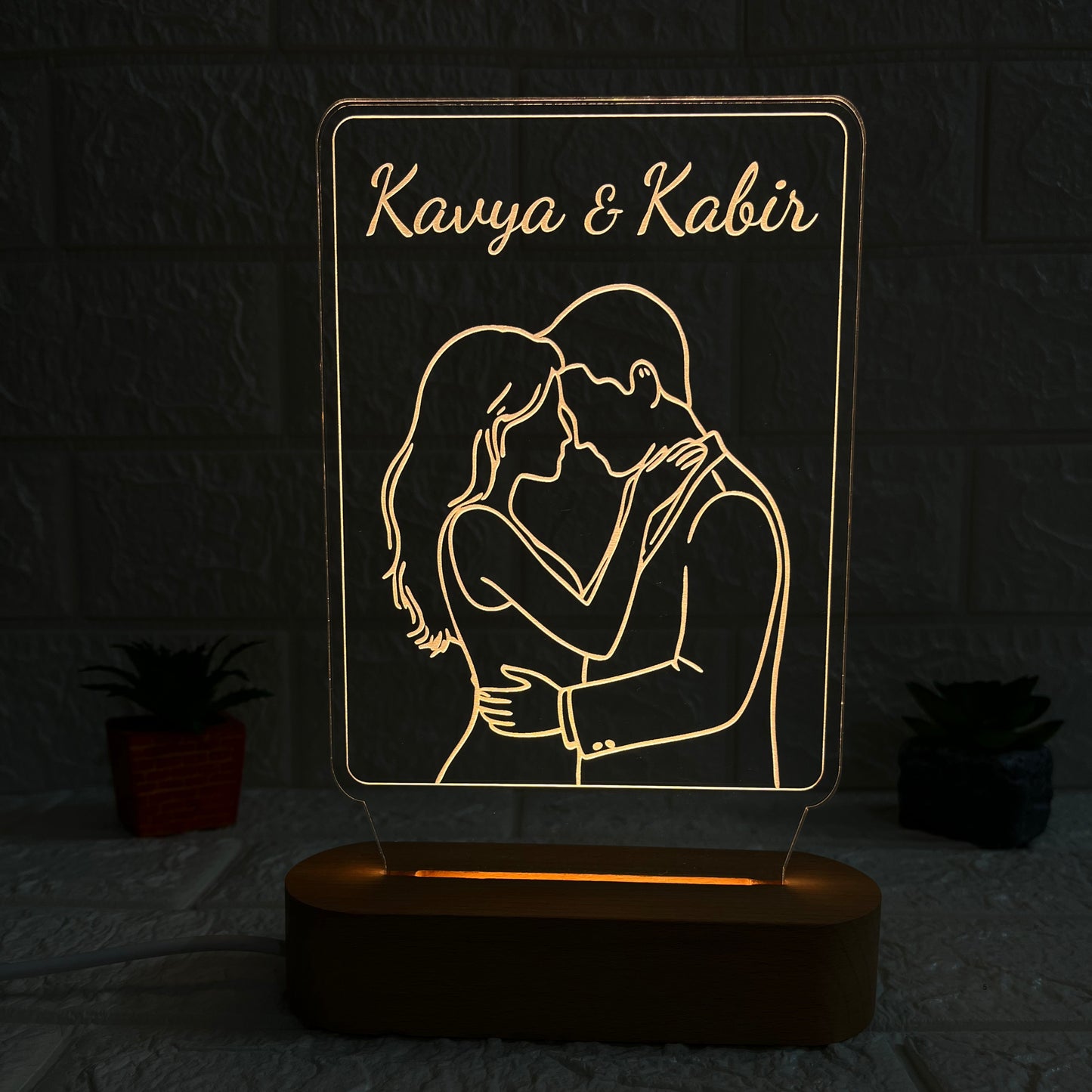 Personalised 3D Illusion Couple Name LED Acrylic Lamp with Wooden Base | Romantic Decorative Night Light for Anniversary, Valentine’s Day, or Wedding Gift (DNFICO9)