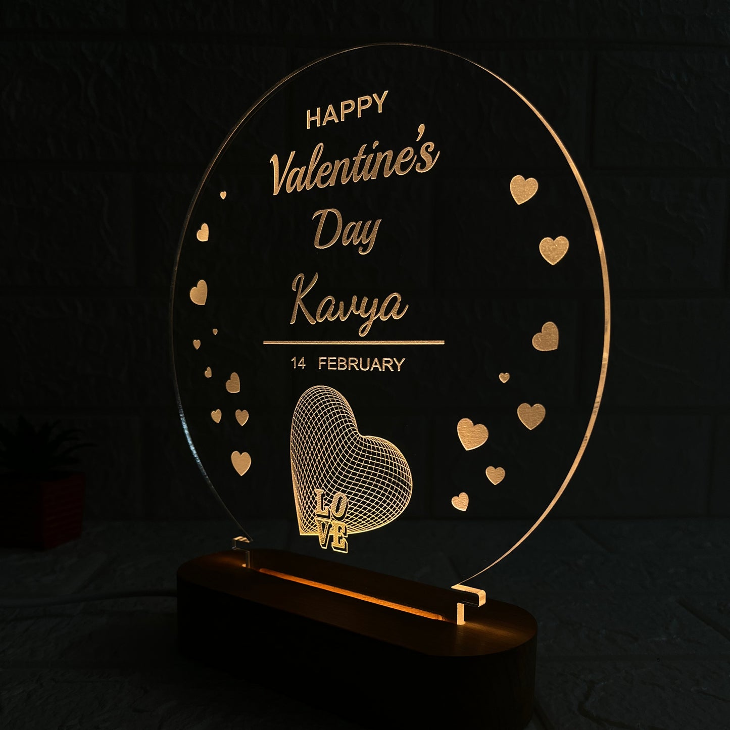 Nexify Fusion Personalised Valentine’s Day LED Acrylic Lamp with Wooden Base | Romantic Round Night Light with Name Engraving | Special Love Gift for Couples (DNFVA11)