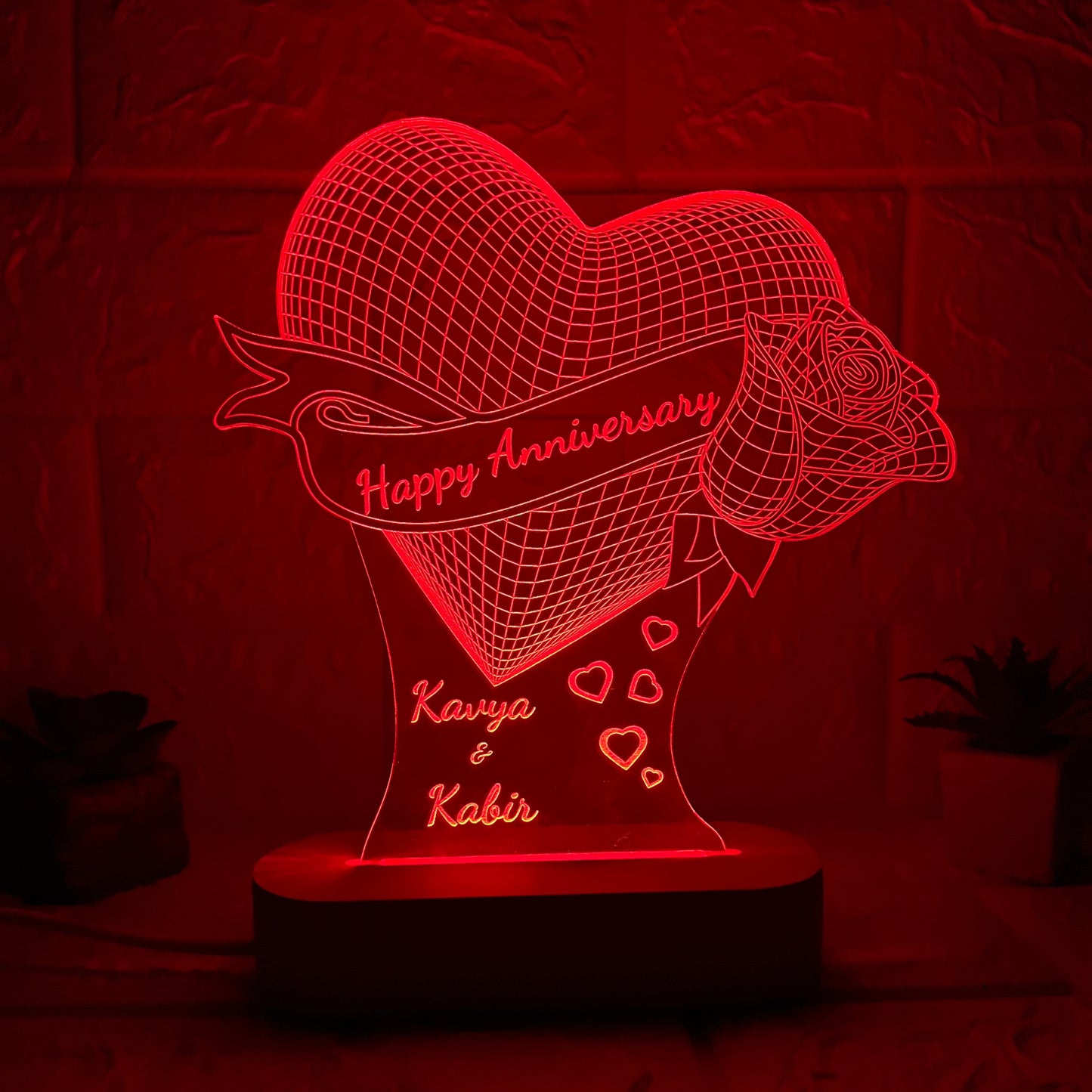 Nexify Fusion Personalised Heart LED Acrylic Lamp with Wooden Base | Custom Couple Names Night Light | Rose Design | Unique Anniversary Gift for Couples | Multicolor (DNFRO10M)