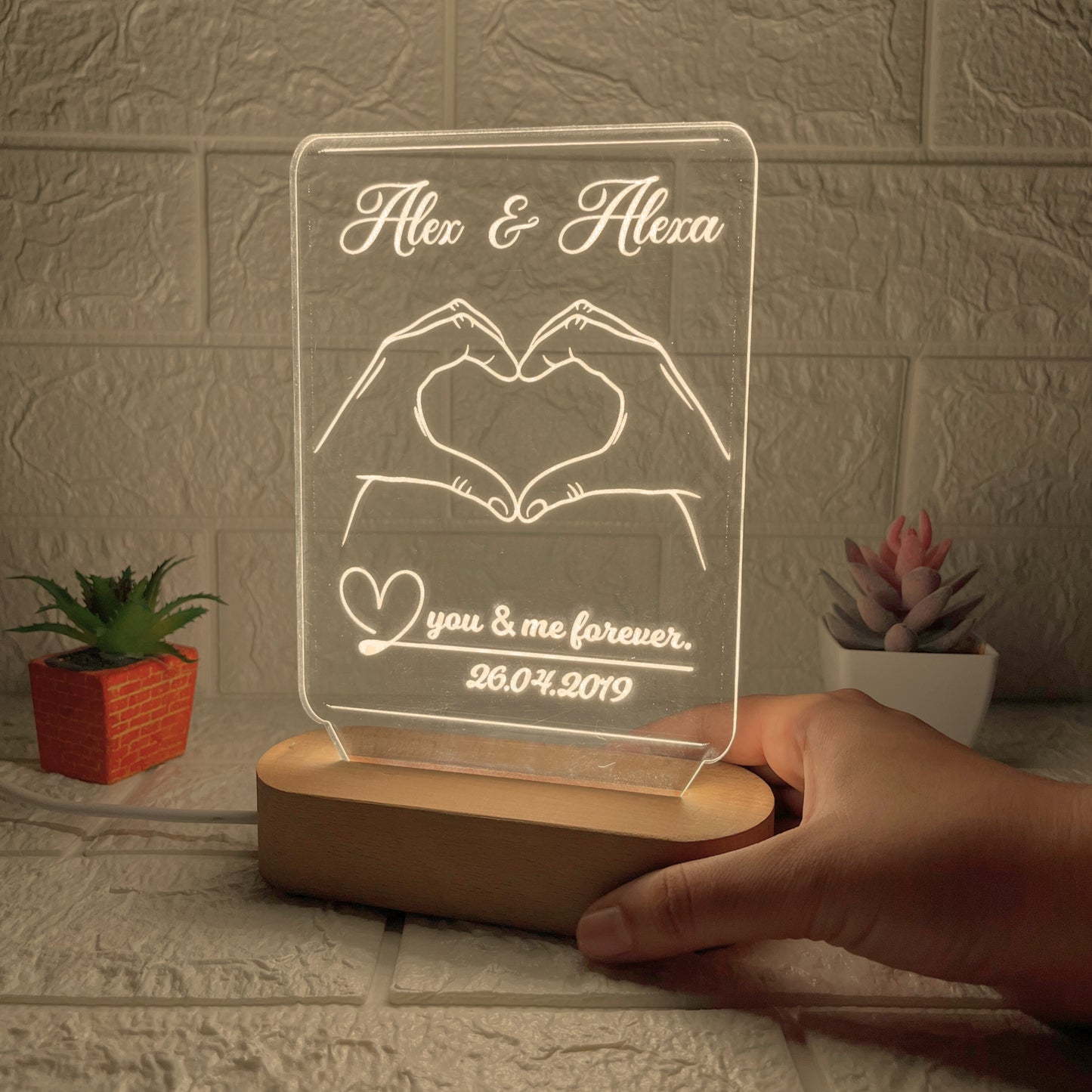 Nexify Fusion Personalised Acrylic Lamp with Wooden Base | Custom Couple Names Night Light | Instagram Design | Anniversary Gift for Couples (DNFIN13)