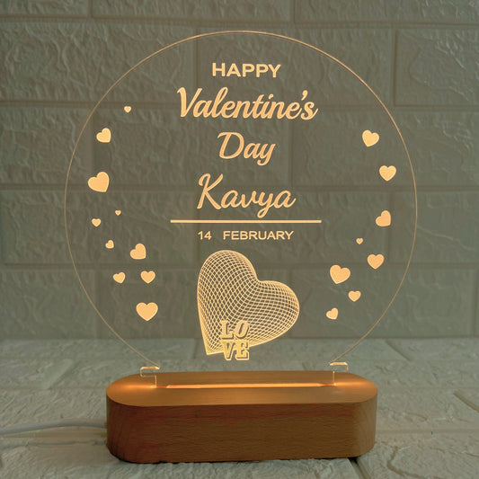 Nexify Fusion Personalised Valentine’s Day LED Acrylic Lamp with Wooden Base | Romantic Round Night Light with Name Engraving | Special Love Gift for Couples (DNFVA11)