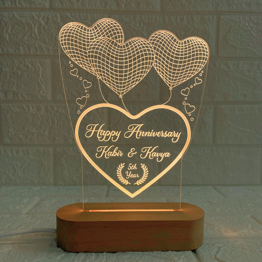 Personalised 3D Illusion Happy Anniversary LED Acrylic Lamp with Couple Names & Year | Customised Heart Design Night Light with Wooden Base | Romantic Gift for Anniversary & Valentine’s Day (DNFHEA8)