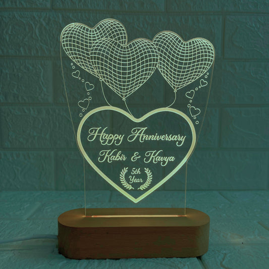 Nexify Fusion Personalised 3D Illusion Happy Anniversary LED Lamp with Couple Names & Year | 3Heart Design Night Lamp with Wooden Base | Unique Gift for Anniversary | Multicolor (DNFHEA8M)
