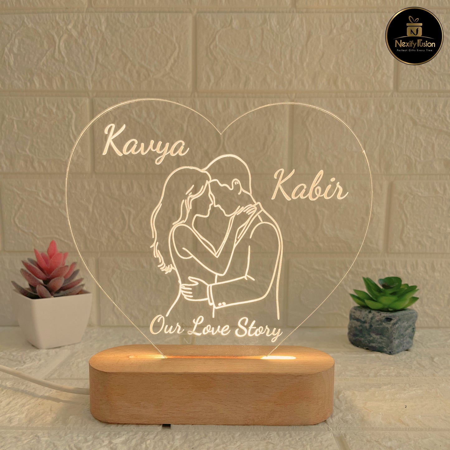 Nexify Fusion Personalised 3D Illusion Heart Couple Design Night Lamp with Couple Names or Text | Unique Gift for Couples, Wedding, Anniversary, Birthday, Valentine’s Day & Home Decor (DNFHEC2)