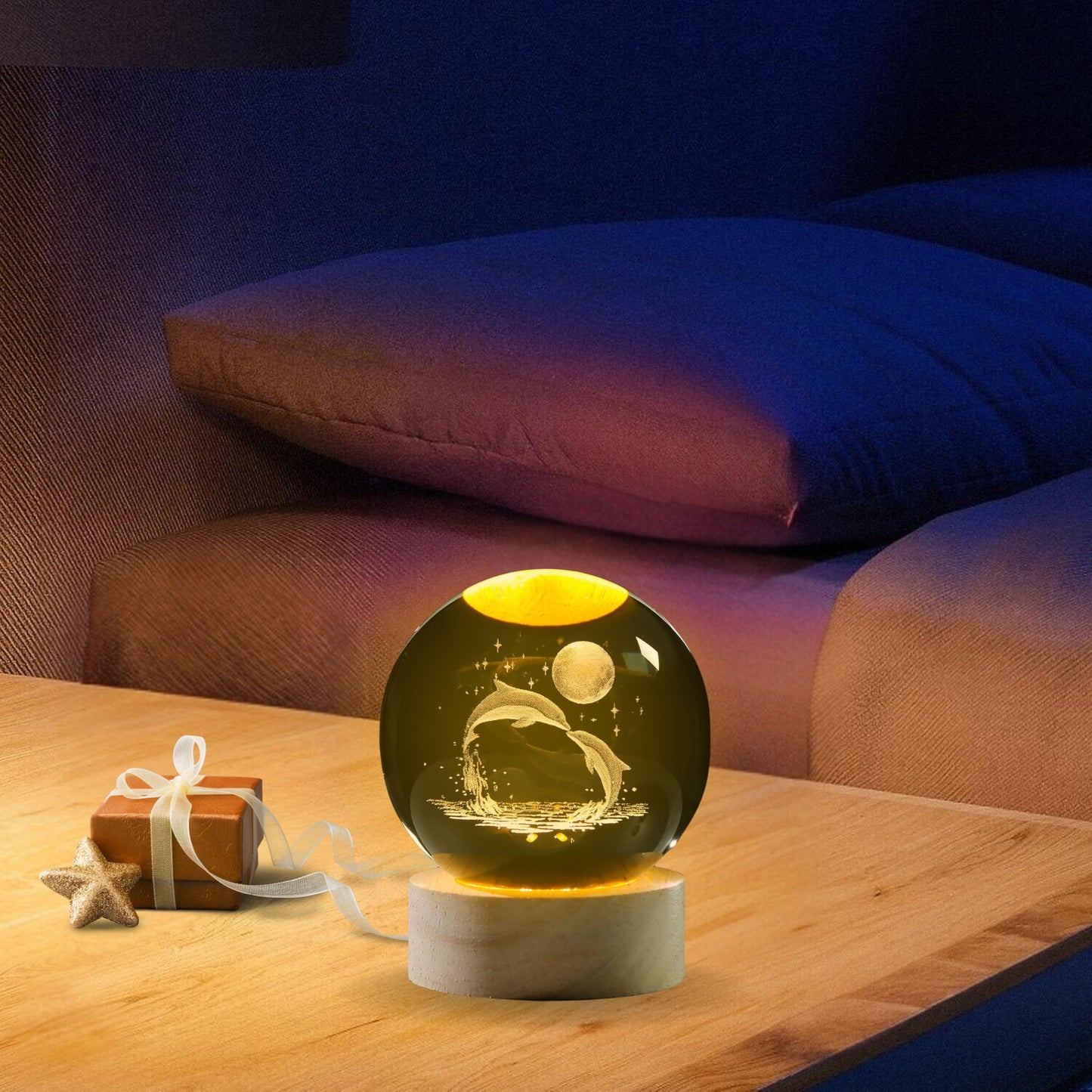 Nexify Fusion 3D Dolphin Crystal Ball Night Light with Wooden Base, Night Light Decor for Kids Room, Birthday Gift for Teens.