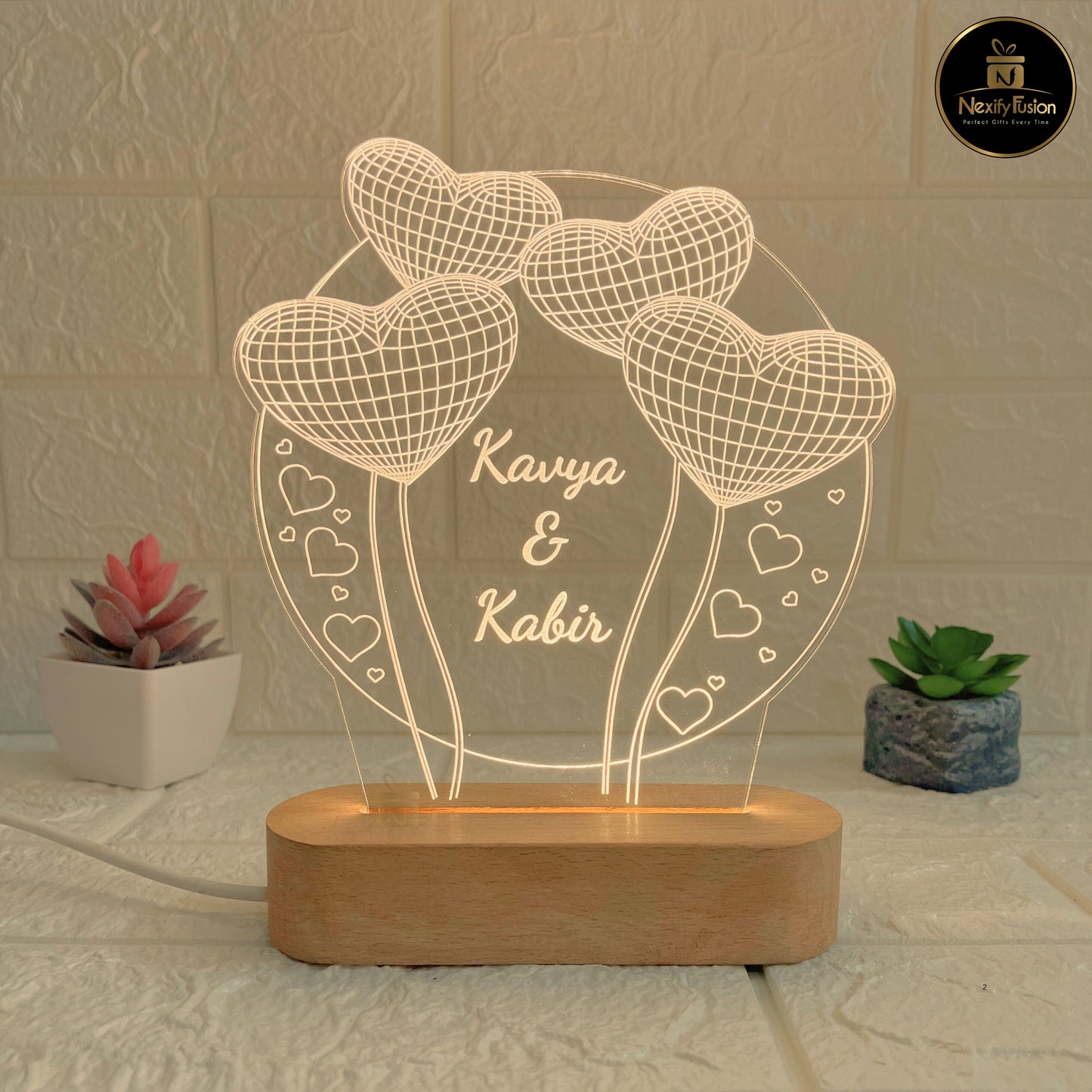 Nexify Fusion Personalised 3D Illusion Round 3Heart Design Night Lamp with Couple Names & Date | Unique Gift for Couples, Wedding, Anniversary, Birthday, Valentine’s Day & Home Decor (DNFRHE3)