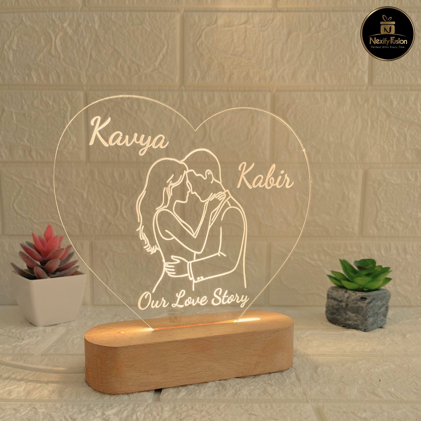 Nexify Fusion Personalised 3D Illusion Heart Couple Design Night Lamp with Couple Names or Text | Unique Gift for Couples, Wedding, Anniversary, Birthday, Valentine’s Day & Home Decor (DNFHEC2)