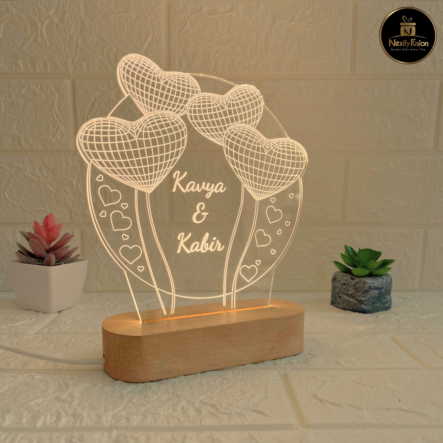 Nexify Fusion Personalised 3D Illusion Round 3Heart Design Night Lamp with Couple Names & Date | Unique Gift for Couples, Wedding, Anniversary, Birthday, Valentine’s Day & Home Decor (DNFRHE3)