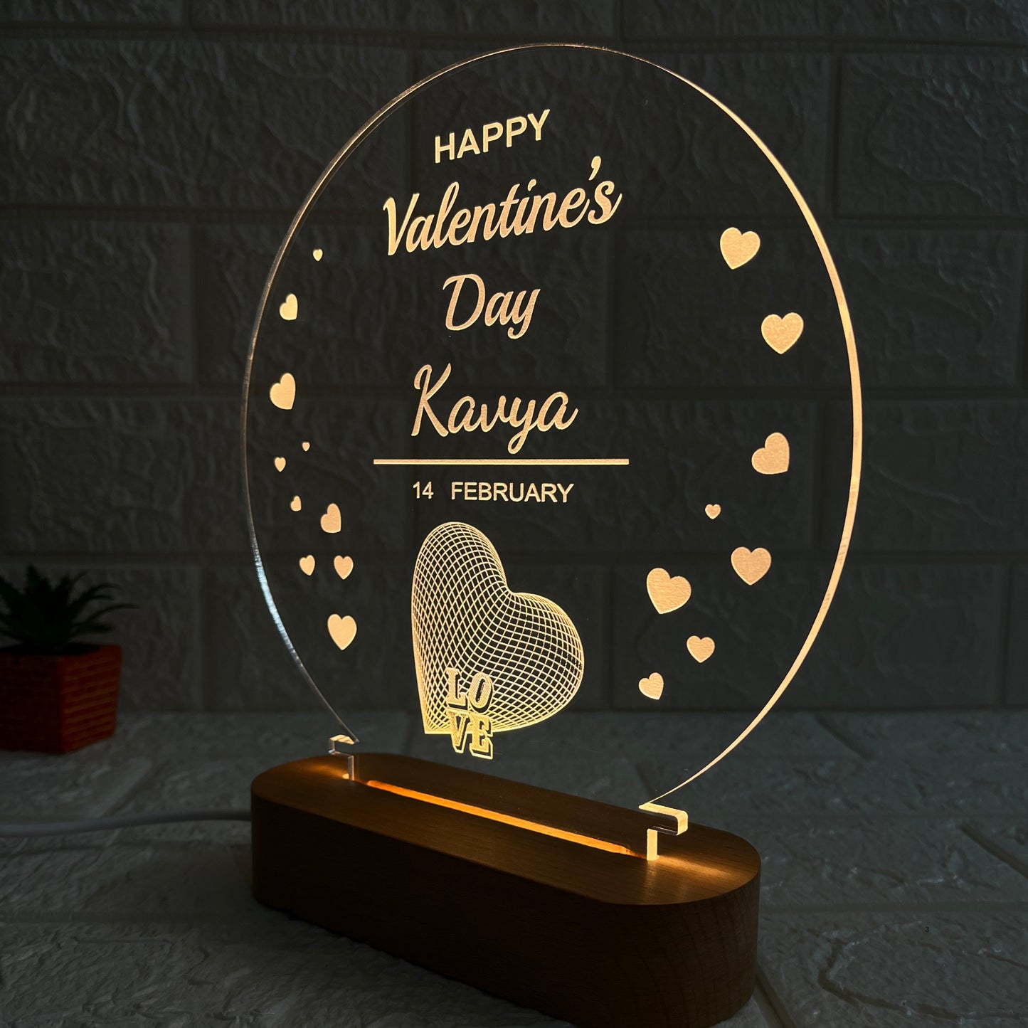 Nexify Fusion Personalised Valentine’s Day LED Acrylic Lamp with Wooden Base | Romantic Round Night Light with Name Engraving | Special Love Gift for Couples (DNFVA11)