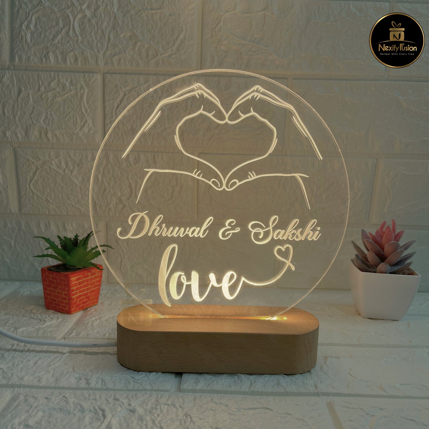 Personalized 3D Heart Round  Design Night Light Lamp with Couple Names & Date or Text Perfect Gift for Couples, Wedding, Anniversary, Birthday, Valentine’s Day & Home Decor (DNFRHE1)