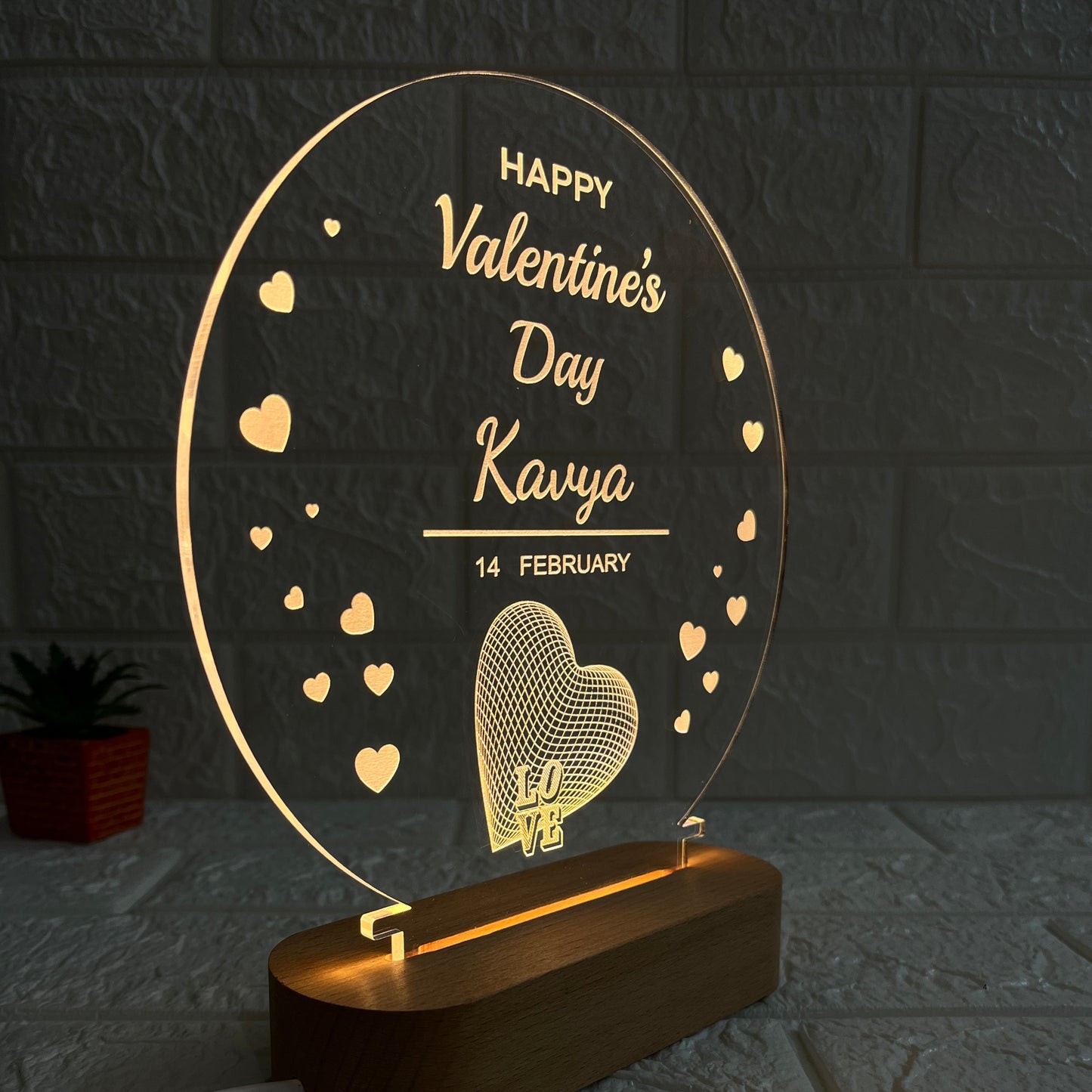 Nexify Fusion Personalised Valentine’s Day LED Acrylic Lamp with Wooden Base | Romantic Round Night Light with Name Engraving | Special Love Gift for Couples (DNFVA11)