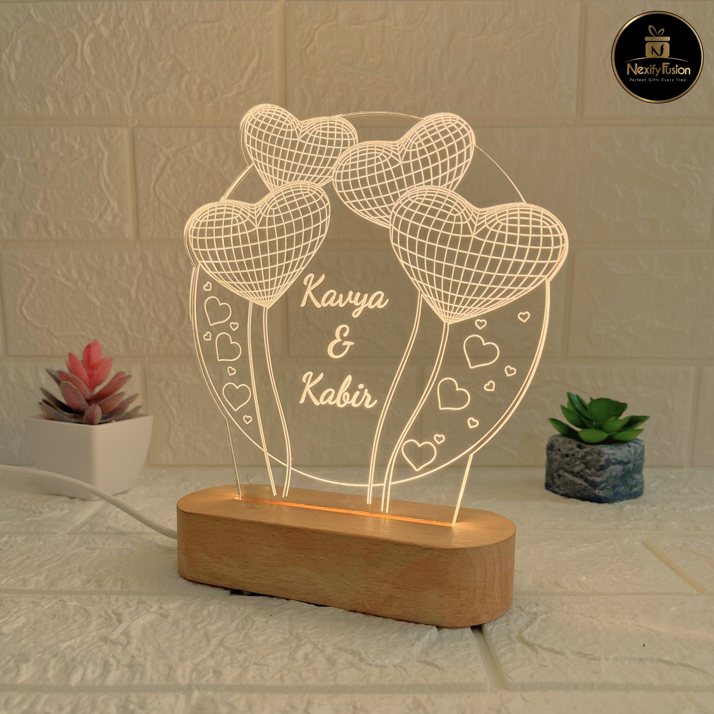 Nexify Fusion Personalised 3D Illusion Round 3Heart Design Night Lamp with Couple Names & Date | Unique Gift for Couples, Wedding, Anniversary, Birthday, Valentine’s Day & Home Decor (DNFRHE3)