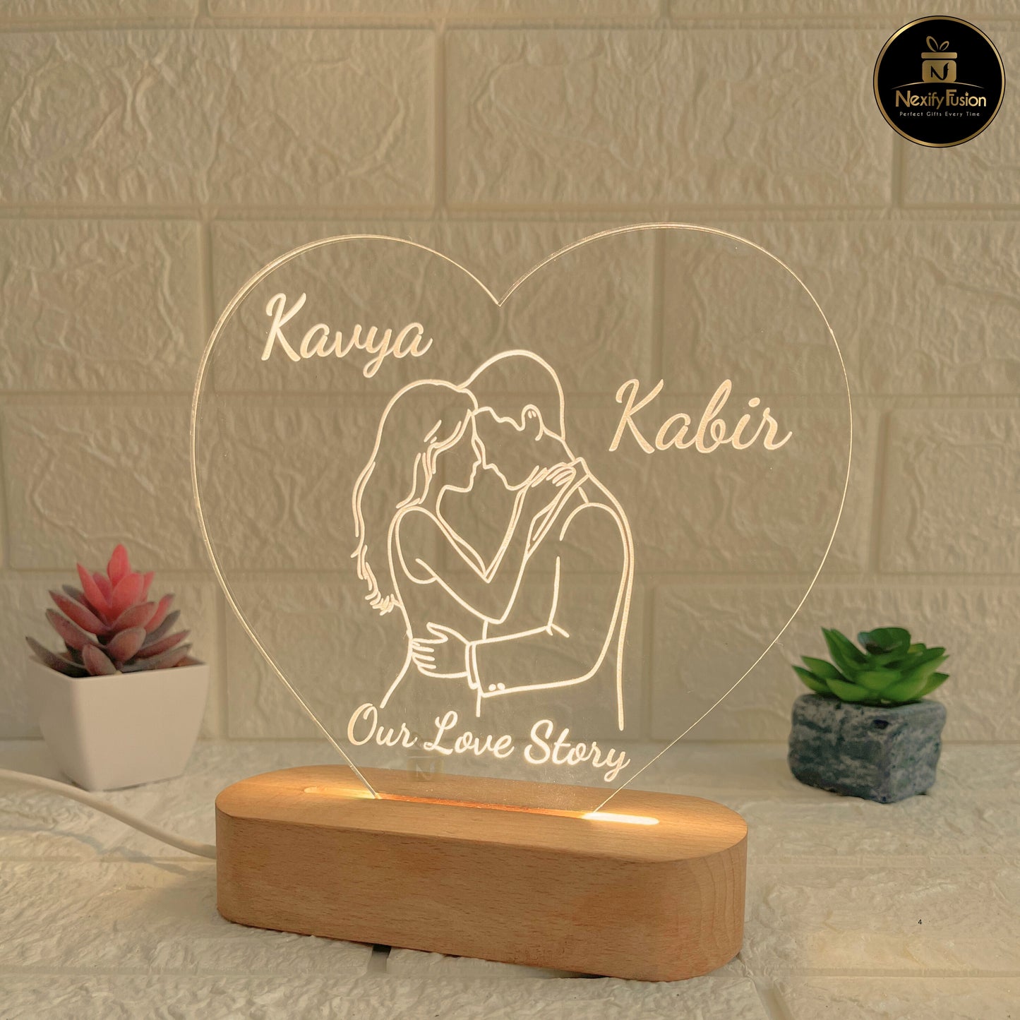 Nexify Fusion Personalised 3D Illusion Heart Couple Design Night Lamp with Couple Names or Text | Unique Gift for Couples, Wedding, Anniversary, Birthday, Valentine’s Day & Home Decor (DNFHEC2)