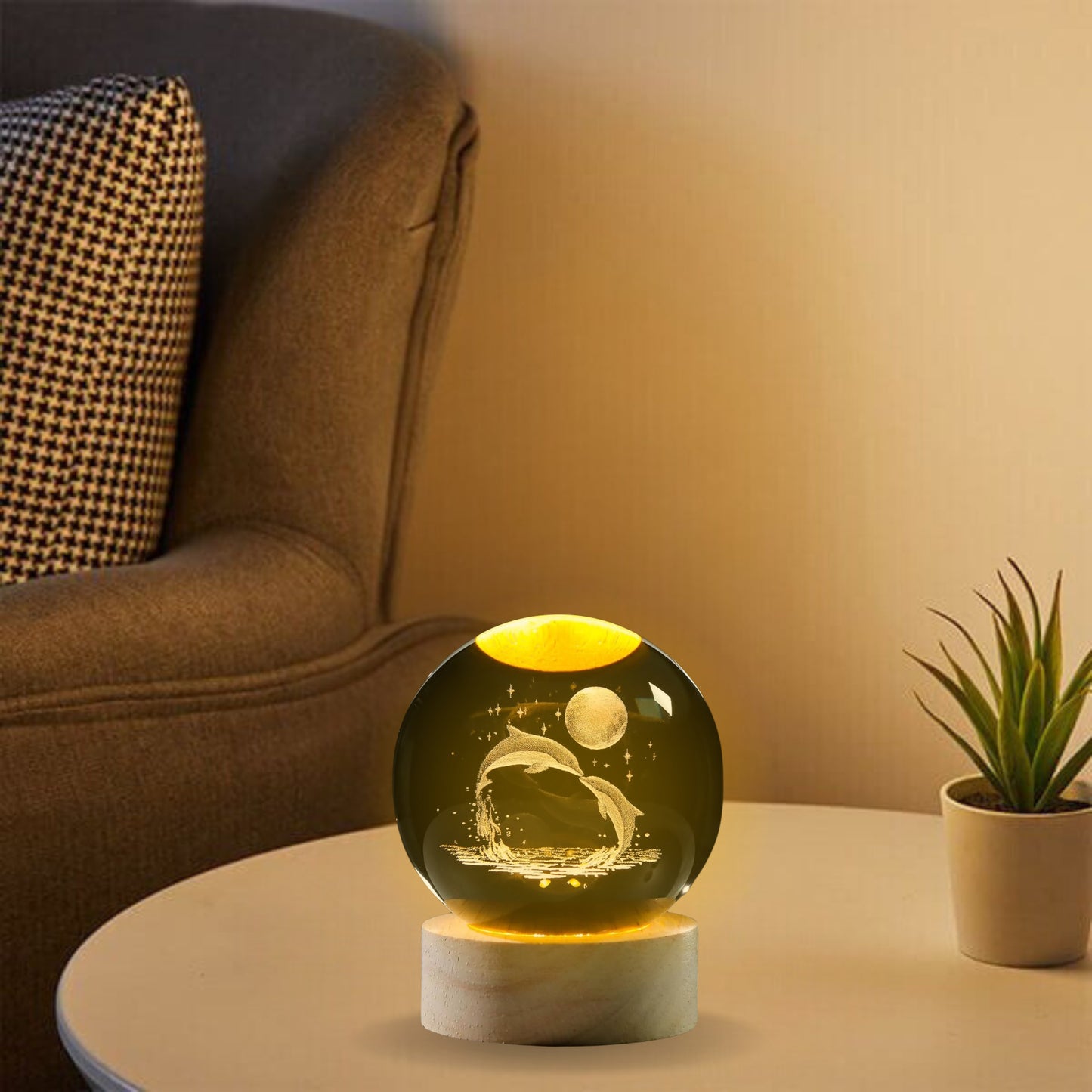 Nexify Fusion 3D Dolphin Crystal Ball Night Light with Wooden Base, Night Light Decor for Kids Room, Birthday Gift for Teens.