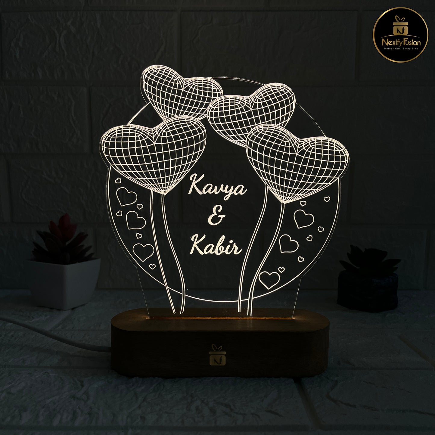 Nexify Fusion Personalised 3D Illusion Round 3Heart Design Night Lamp with Couple Names & Date | Unique Gift for Couples, Wedding, Anniversary, Birthday, Valentine’s Day & Home Decor (DNFRHE3)