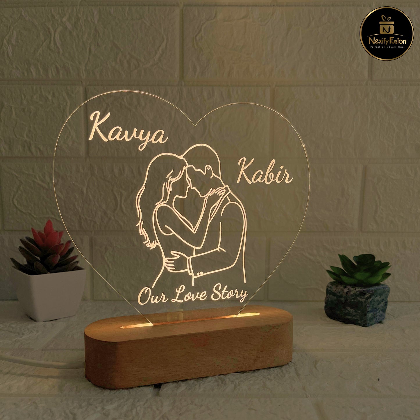Nexify Fusion Personalised 3D Illusion Heart Couple Design Night Lamp with Couple Names or Text | Unique Gift for Couples, Wedding, Anniversary, Birthday, Valentine’s Day & Home Decor (DNFHEC2)