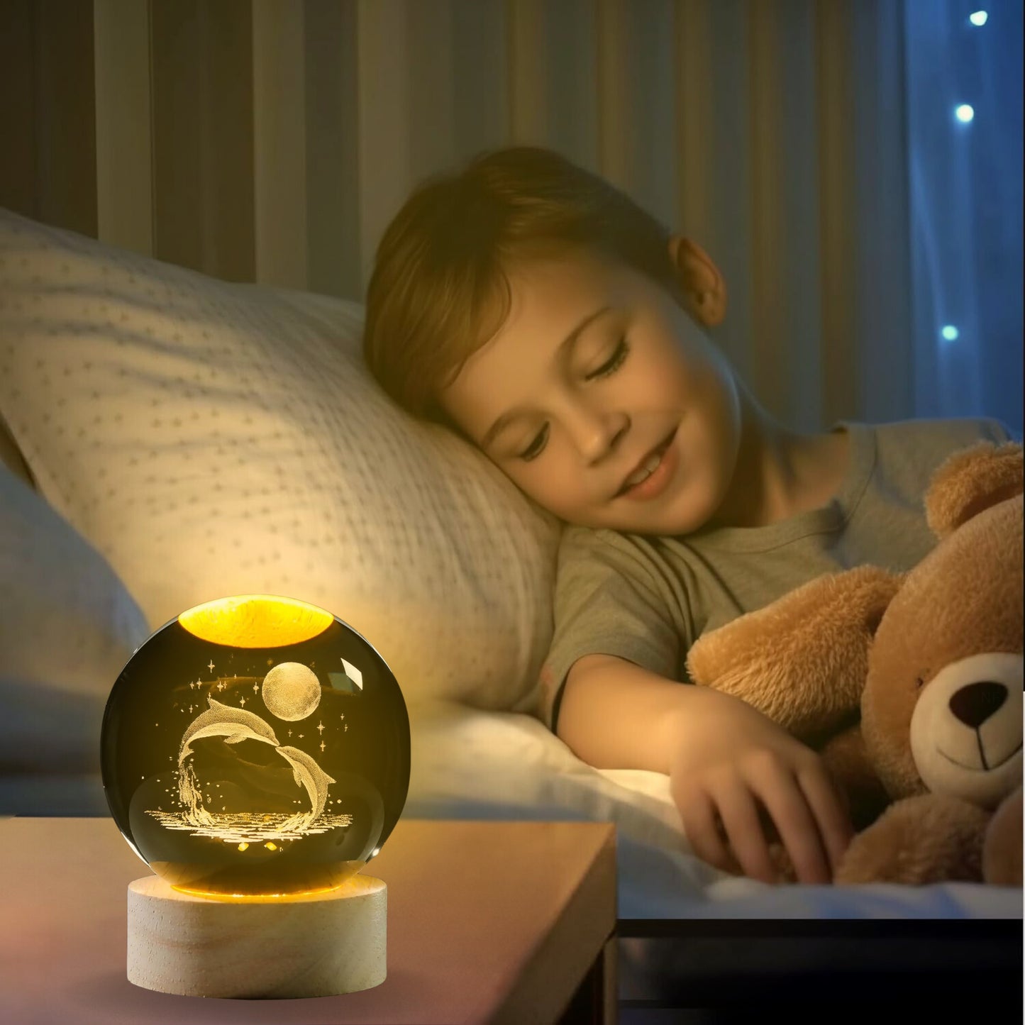 Nexify Fusion 3D Dolphin Crystal Ball Night Light with Wooden Base, Night Light Decor for Kids Room, Birthday Gift for Teens.