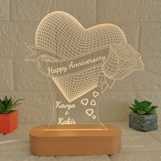 Personalised Heart LED Acrylic Lamp with Wooden Base | Custom Couple Names Night Light | Rose Design | Romantic Anniversary Gift for Couples (DNFRO10)